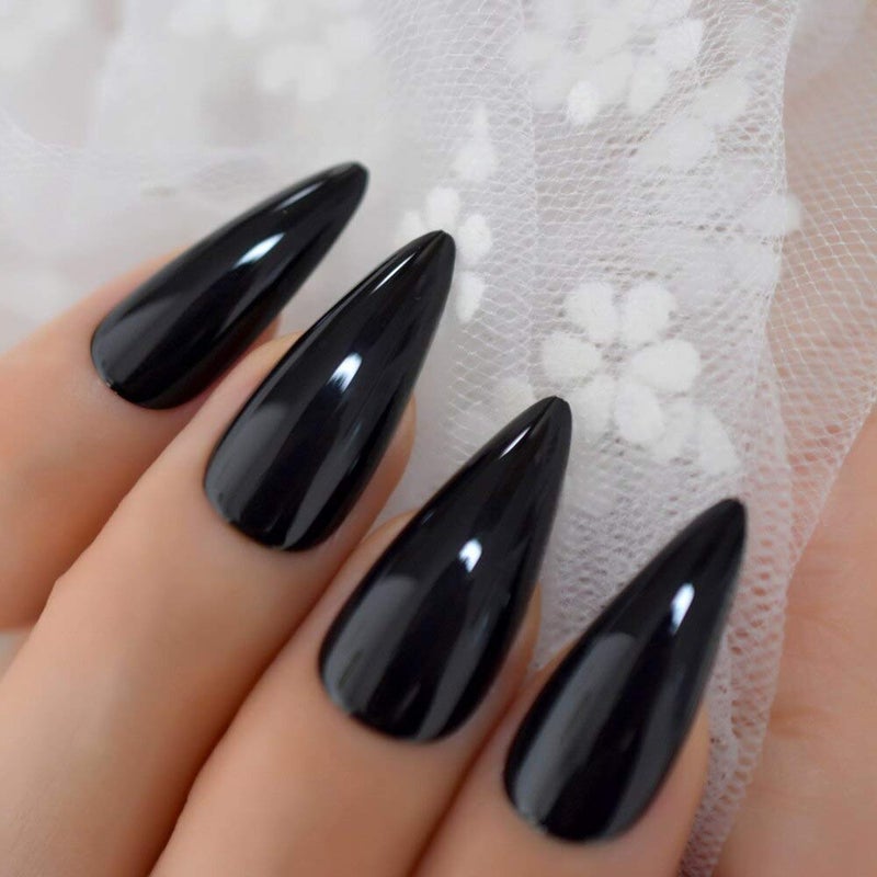 EchiQ Sharp Pointed Fake Nails Black Gelnails Medium-Long Size Real Stiletto Point Acrylic Nail Tips 24 - Image 4